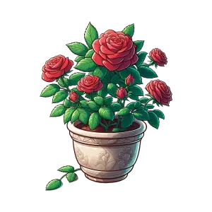 Potted Red Rose Plant with Green Leaves