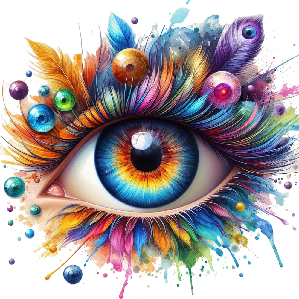 Colorful Artistic Eye with Feathers and Paint Splashes