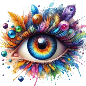 Colorful Artistic Eye with Feathers and Paint Splashes