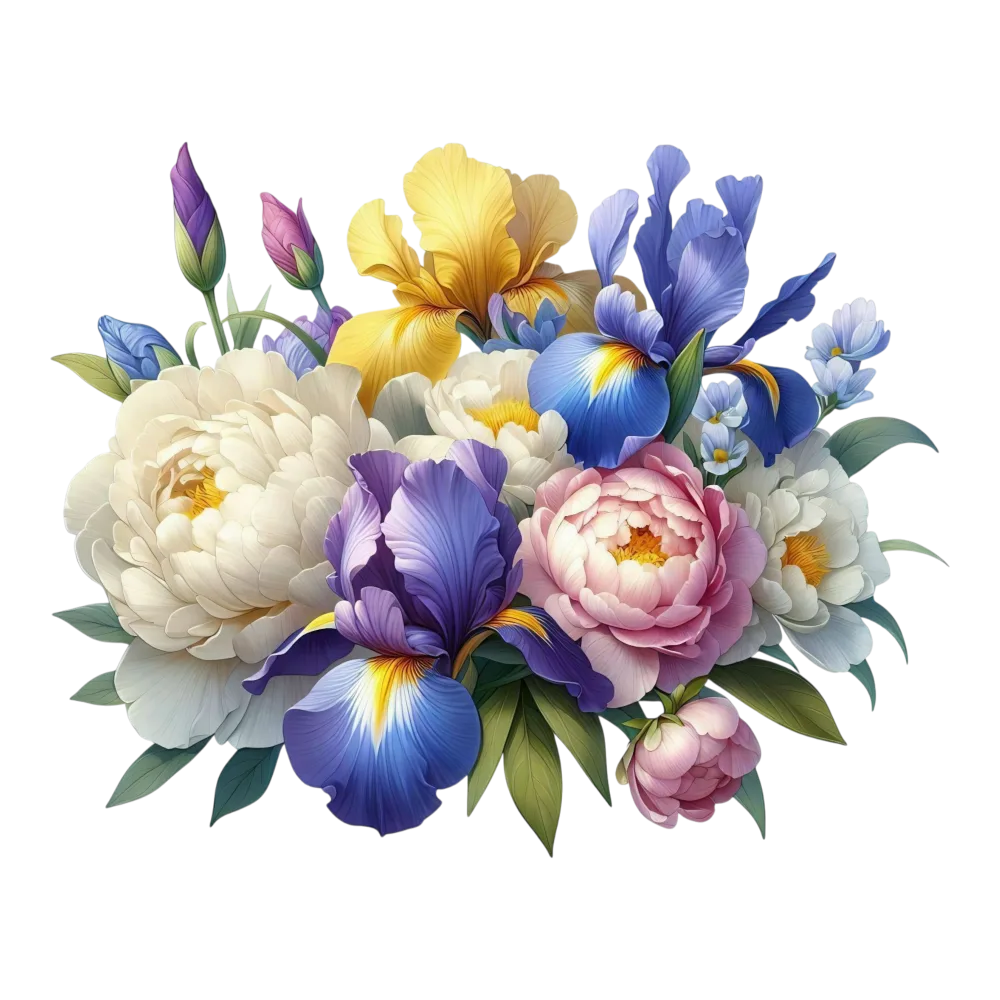 Bouquet of Colorful Iris and Peony Flowers