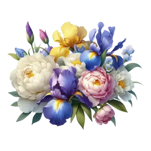 Bouquet of Colorful Iris and Peony Flowers