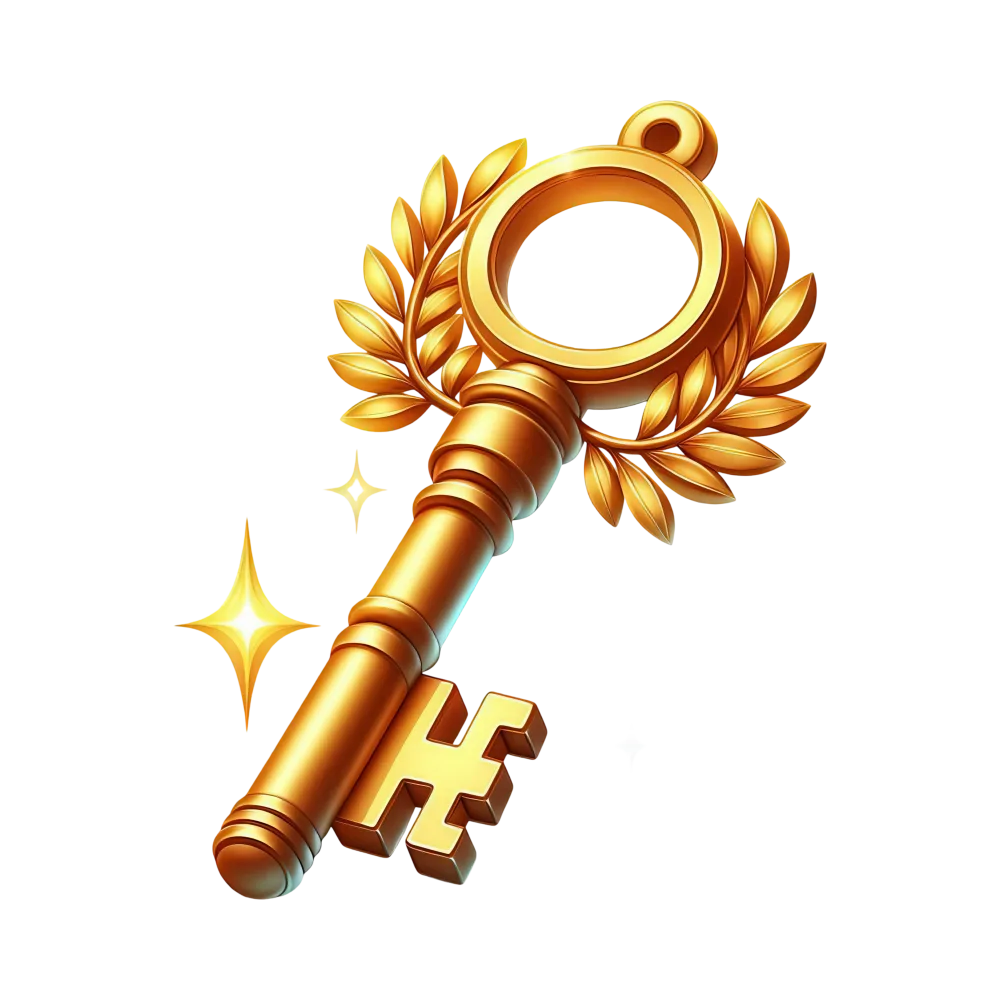 Golden Ornate Key with Laurel Wreath and Sparkles