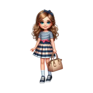 Cute Cartoon Girl in Striped Dress Holding Handbag