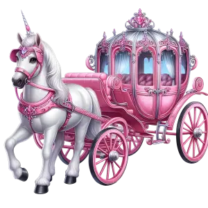 White Unicorn Pulling Ornate Pink Royal Carriage
