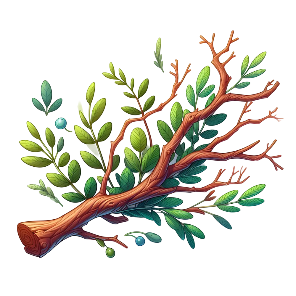 Illustrated Tree Branch with Green Leaves and Berries