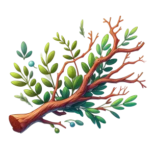 Illustrated Tree Branch with Green Leaves and Berries
