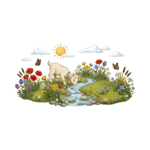Goat Drinking Water in a Flower Meadow with Butterflies and Sun