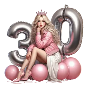Young Woman Celebrating 30th Birthday with Pink and Silver Balloons