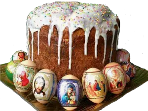 Traditional Easter Cake with Decorated Religious Easter Eggs