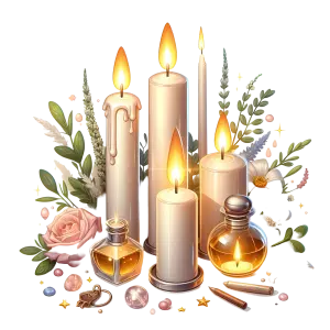 Decorative Arrangement of Lit Candles with Flowers and Perfume Bottles