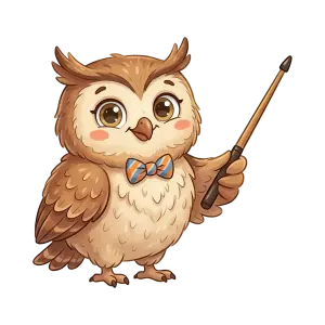 Cute Owl Teacher Cartoon with Pointer and Bow Tie
