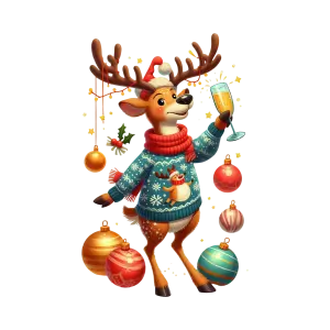 Festive Reindeer in Christmas Sweater Holding Champagne