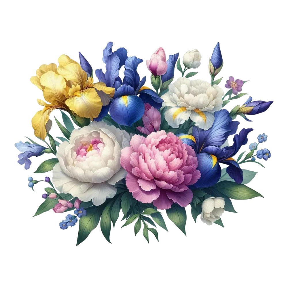 Colorful Bouquet of Peonies and Irises