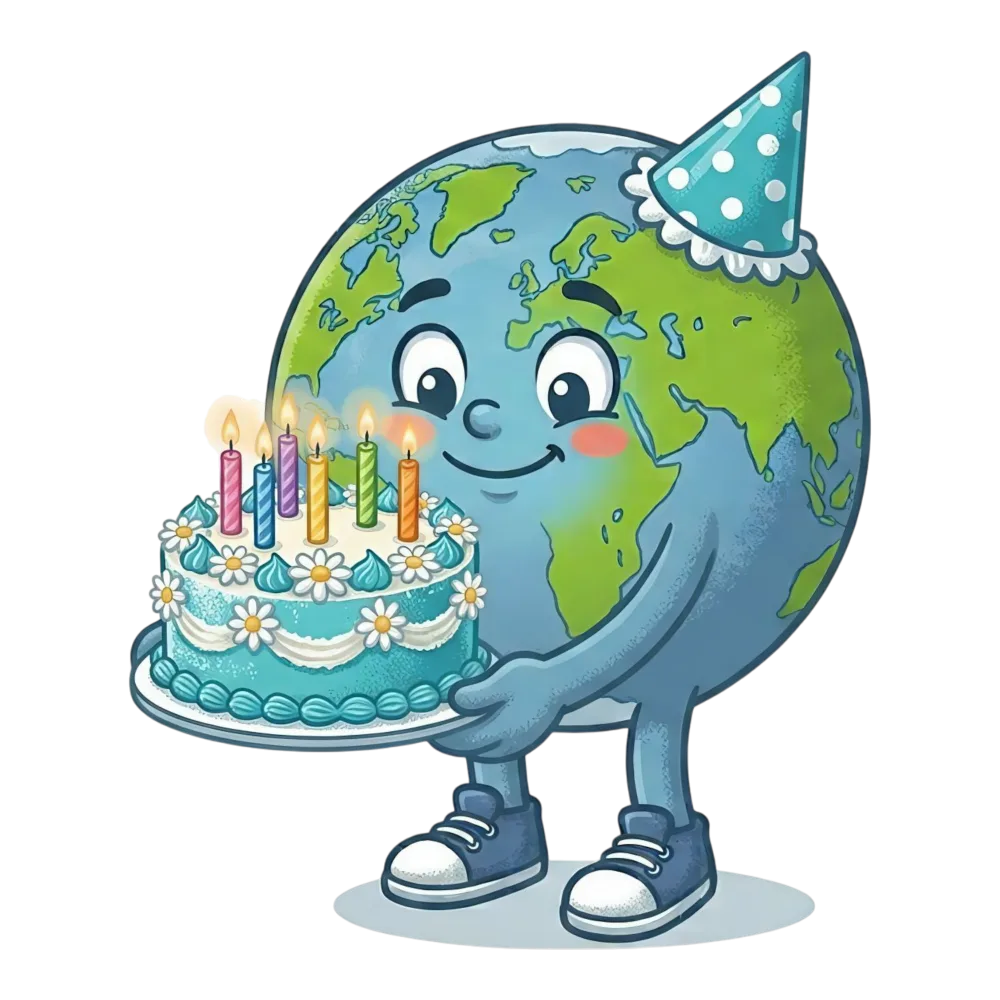 Cartoon Earth Wearing Party Hat Holding Birthday Cake with Candles