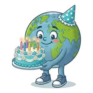 Cartoon Earth Wearing Party Hat Holding Birthday Cake with Candles