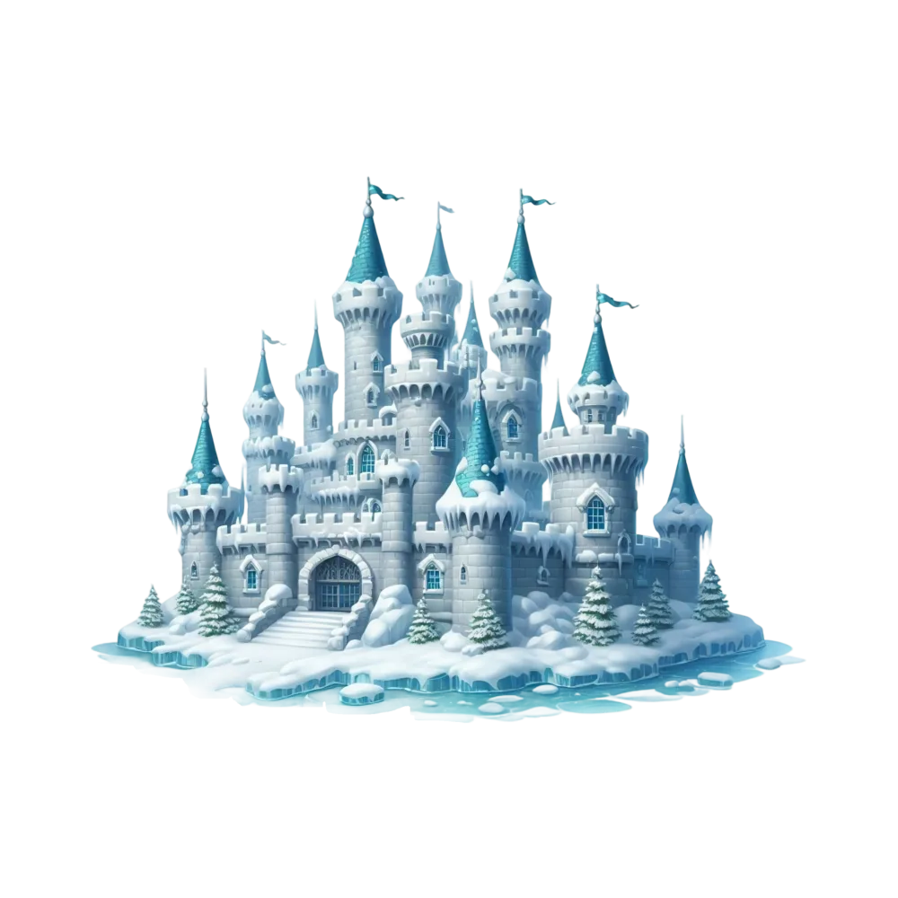 Winter Snow Fortress with Blue Turrets and Icy Surroundings