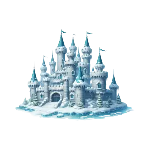 Winter Snow Fortress with Blue Turrets and Icy Surroundings