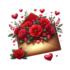 Golden Envelope Filled with Red Roses and Floating Hearts