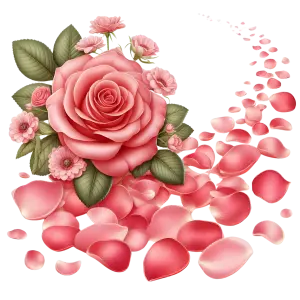 Pink Rose with Flowing Petals and Green Leaves