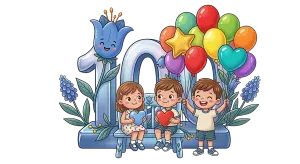 Children Celebrating 100th Day with Balloons and Flowers