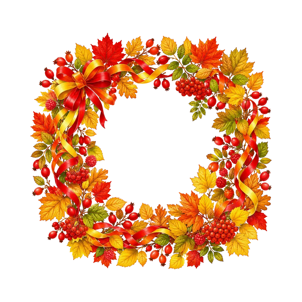Autumn Wreath with Red and Yellow Leaves and Ribbon