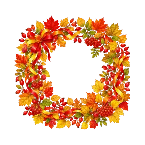 Autumn Wreath with Red and Yellow Leaves and Ribbon