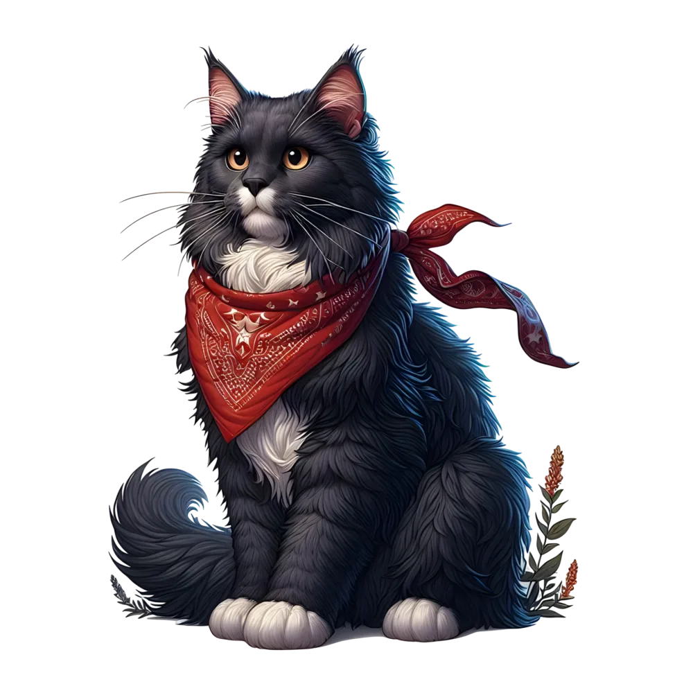 Fluffy Black and White Cat Wearing Red Bandana