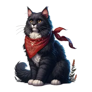 Fluffy Black and White Cat Wearing Red Bandana