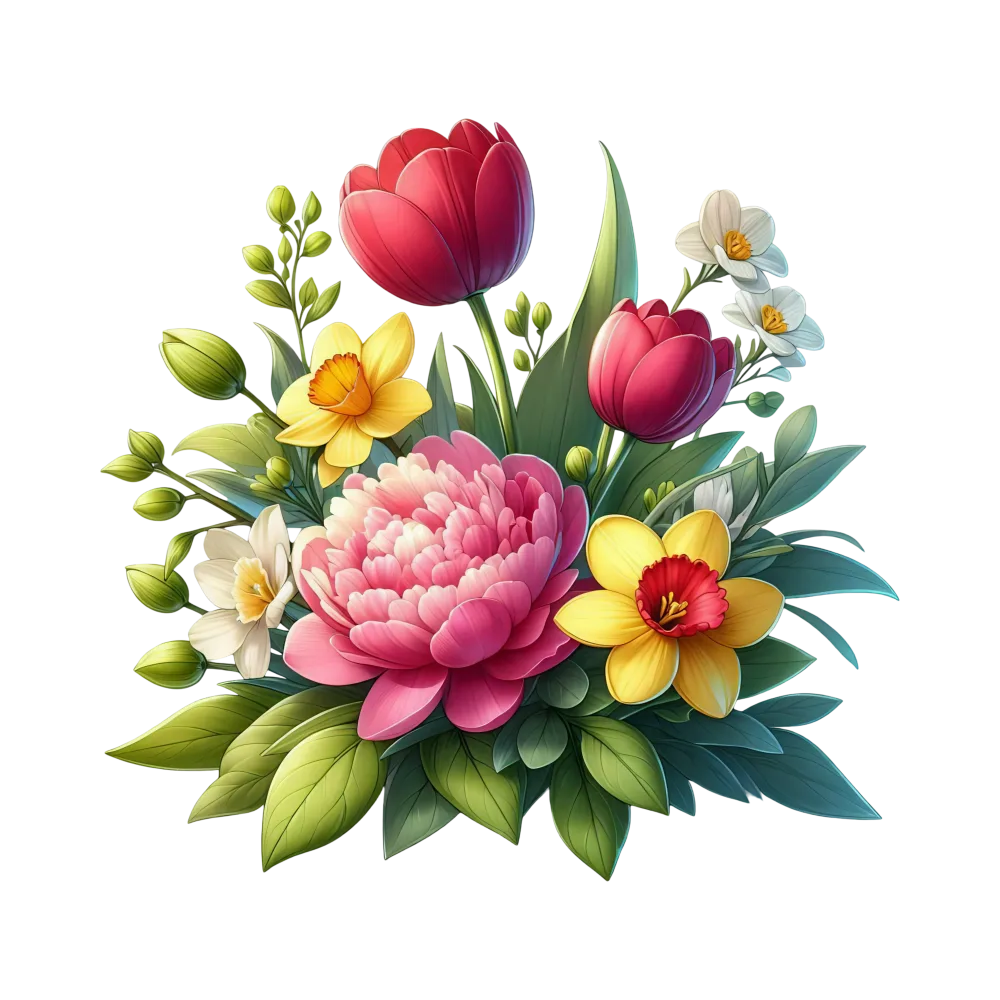 Colorful Spring Flower Bouquet with Peony and Daffodils