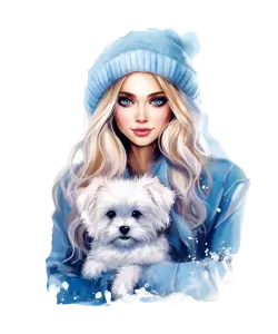 Winter Portrait of Blonde Woman Holding Small White Dog