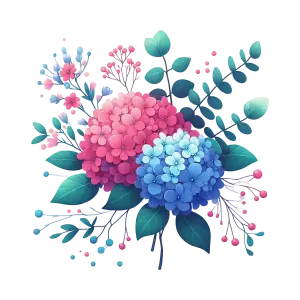Pink and Blue Hydrangea Floral Bouquet with Green Leaves