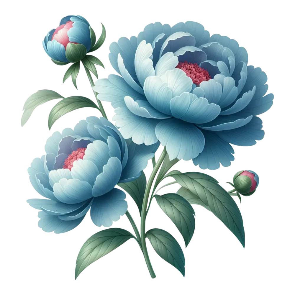 Blue Peony Flowers with Green Leaves