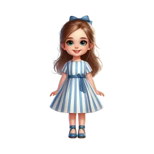Cute Cartoon Girl in Blue Striped Dress with Bow