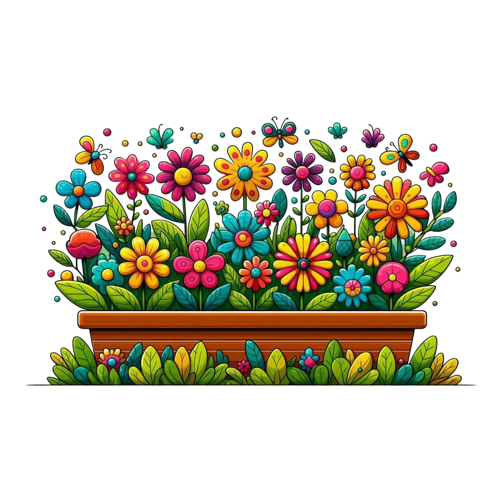 Colorful Cartoon Flower Box with Leaves and Butterflies