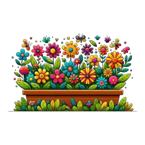Colorful Cartoon Flower Box with Leaves and Butterflies
