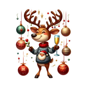 Festive Cartoon Reindeer in Christmas Sweater Holding Champagne