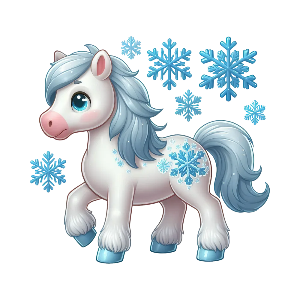 Cartoon Winter White Pony with Blue Snowflake Decorations