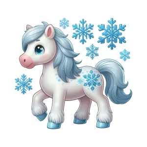 Cartoon Winter White Pony with Blue Snowflake Decorations