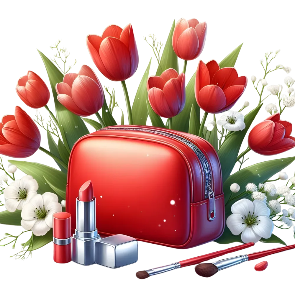Red Makeup Bag with Lipstick and Brushes Surrounded by Red Tulips and White Flowers