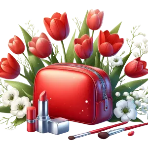 Red Makeup Bag with Lipstick and Brushes Surrounded by Red Tulips and White Flowers
