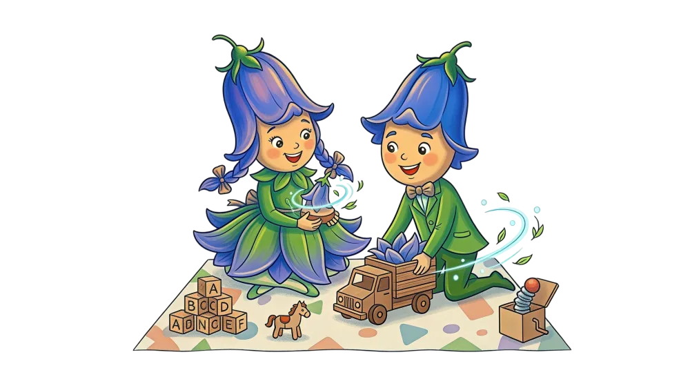 Illustration of Two Flower Children Playing with Toys