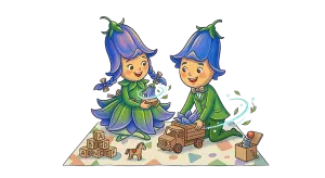 Illustration of Two Flower Children Playing with Toys