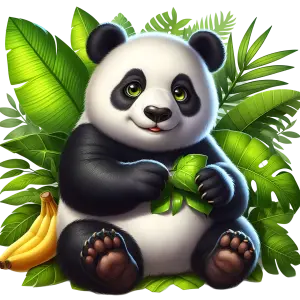 Cute Cartoon Panda Sitting with Green Leaves and Bananas