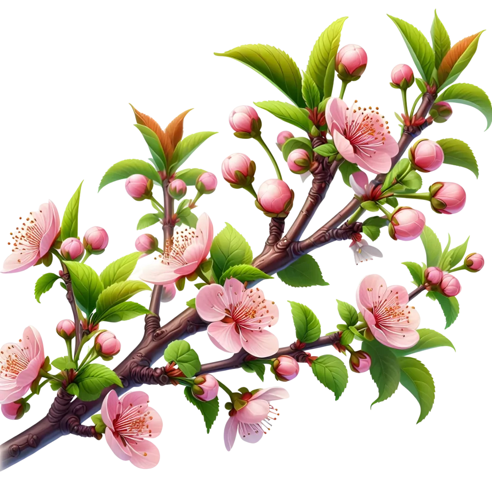Realistic Pink Cherry Blossom Branch with Green Leaves