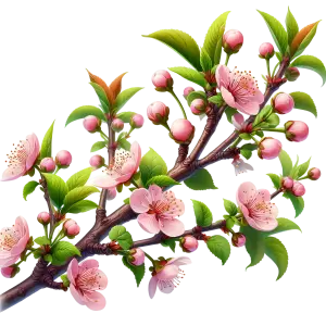 Realistic Pink Cherry Blossom Branch with Green Leaves