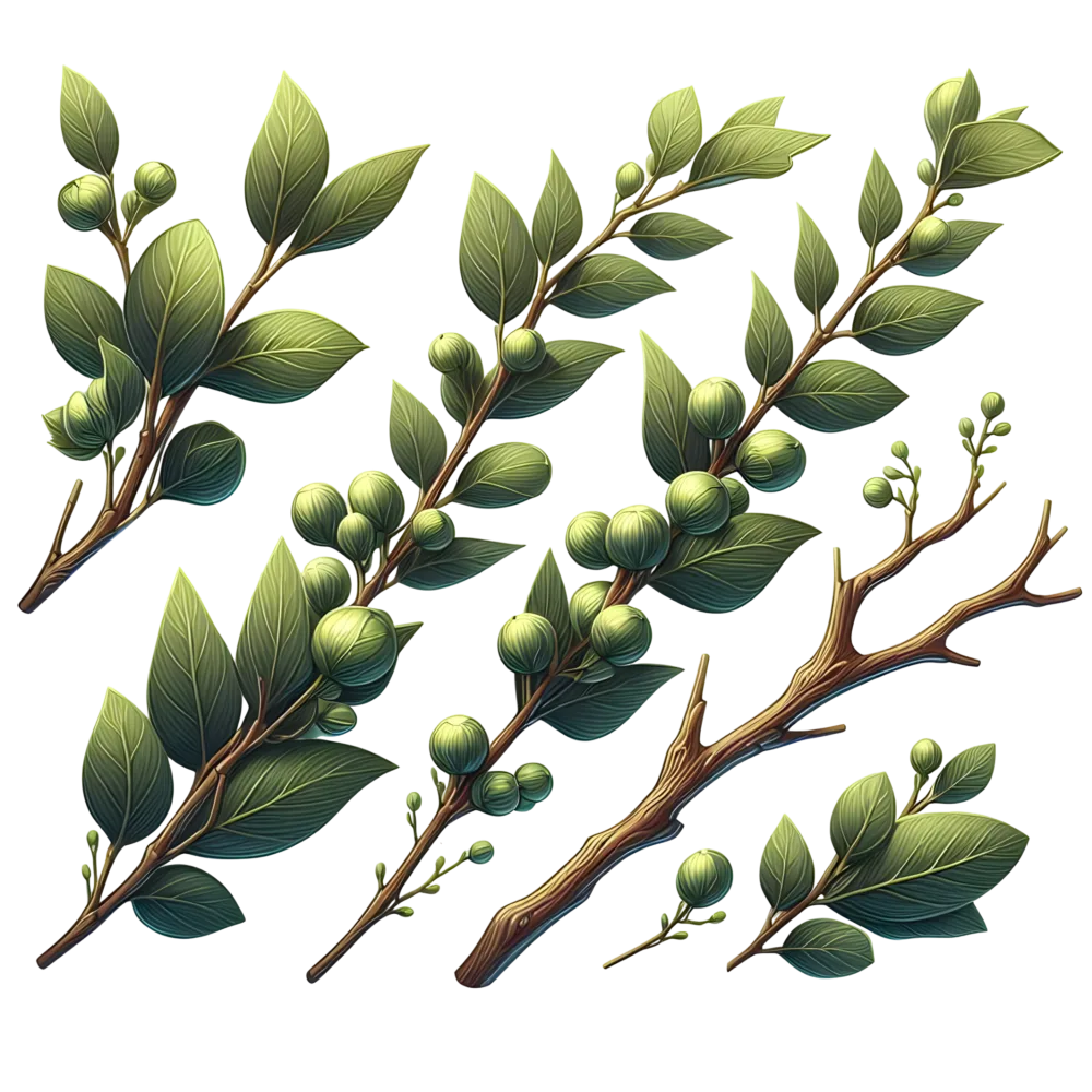 Illustrated Green Branches with Leaves and Unripe Berries