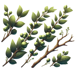 Illustrated Green Branches with Leaves and Unripe Berries