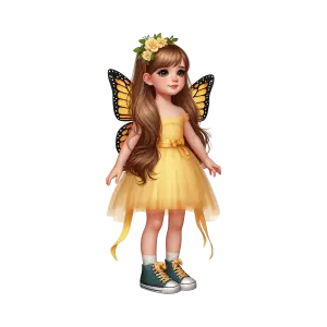 Cute Little Girl in Yellow Dress with Butterfly Wings