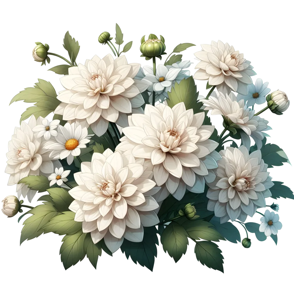 Realistic White Dahlia and Daisy Flower Bouquet with Green Leaves