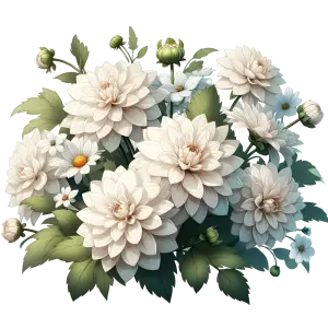 Realistic White Dahlia and Daisy Flower Bouquet with Green Leaves